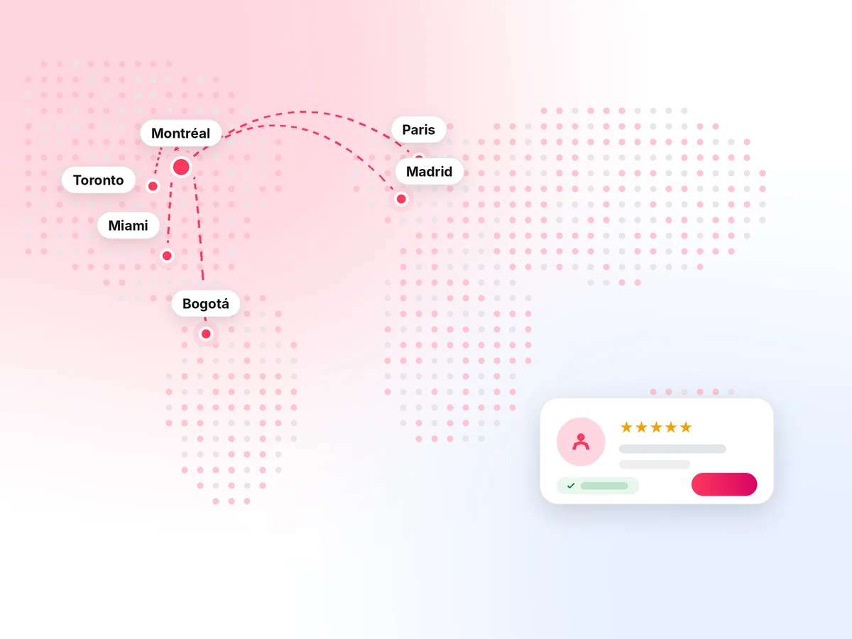 MENAGER.CA network map connecting Montréal, Toronto, Miami, Bogotá, Paris and Madrid